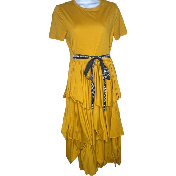 SHEIN Mustard Yellow Layered Ruffle Dress with Black "Love" Belt Size Small - Picture 1 of 8